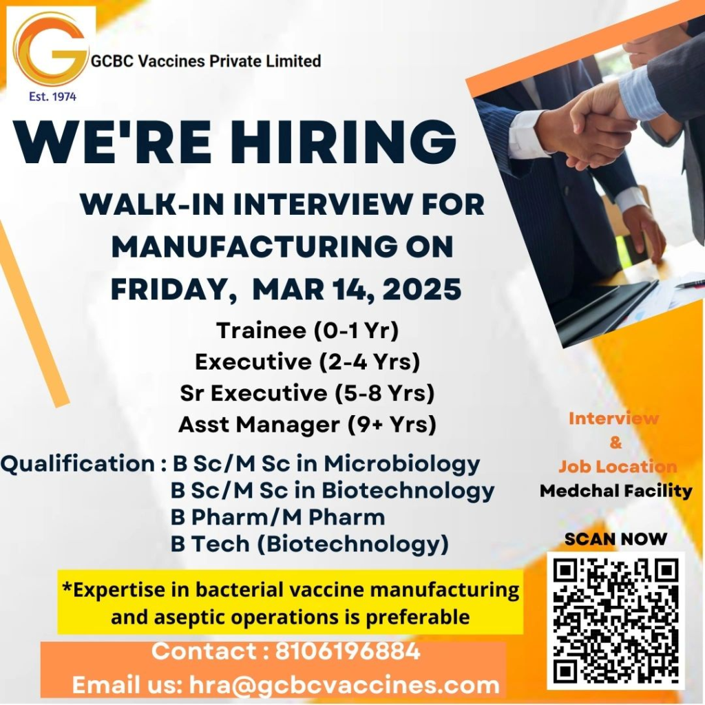 CGCBC Vaccines Private Limited Walk-In Interview - Manufacturing Roles