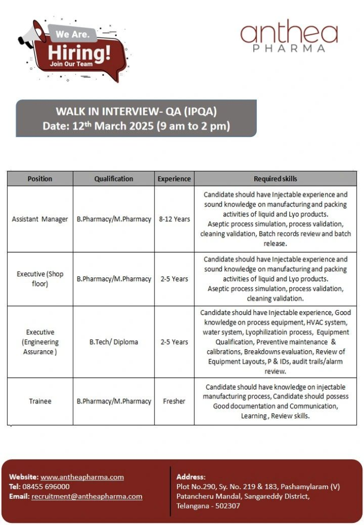 Anthea Pharma Walk-In Interview - QA (IPQA) Roles in Telangana
