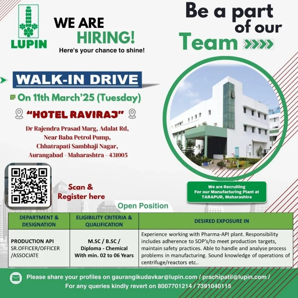 Lupin Limited Walk-In Interviews - Production API Roles on 11th March