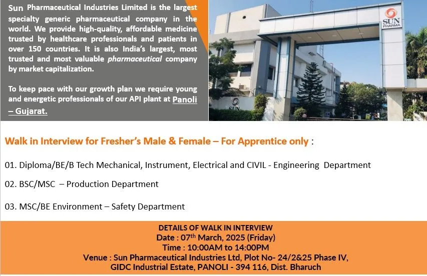Sun Pharma Walk-In Interview for Freshers on 7th March, 2025