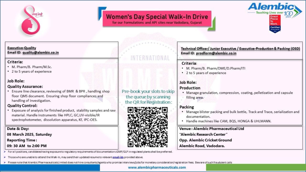 Alembic Pharmaceuticals Walk-In Driveon 8th March - Women’s Day Special