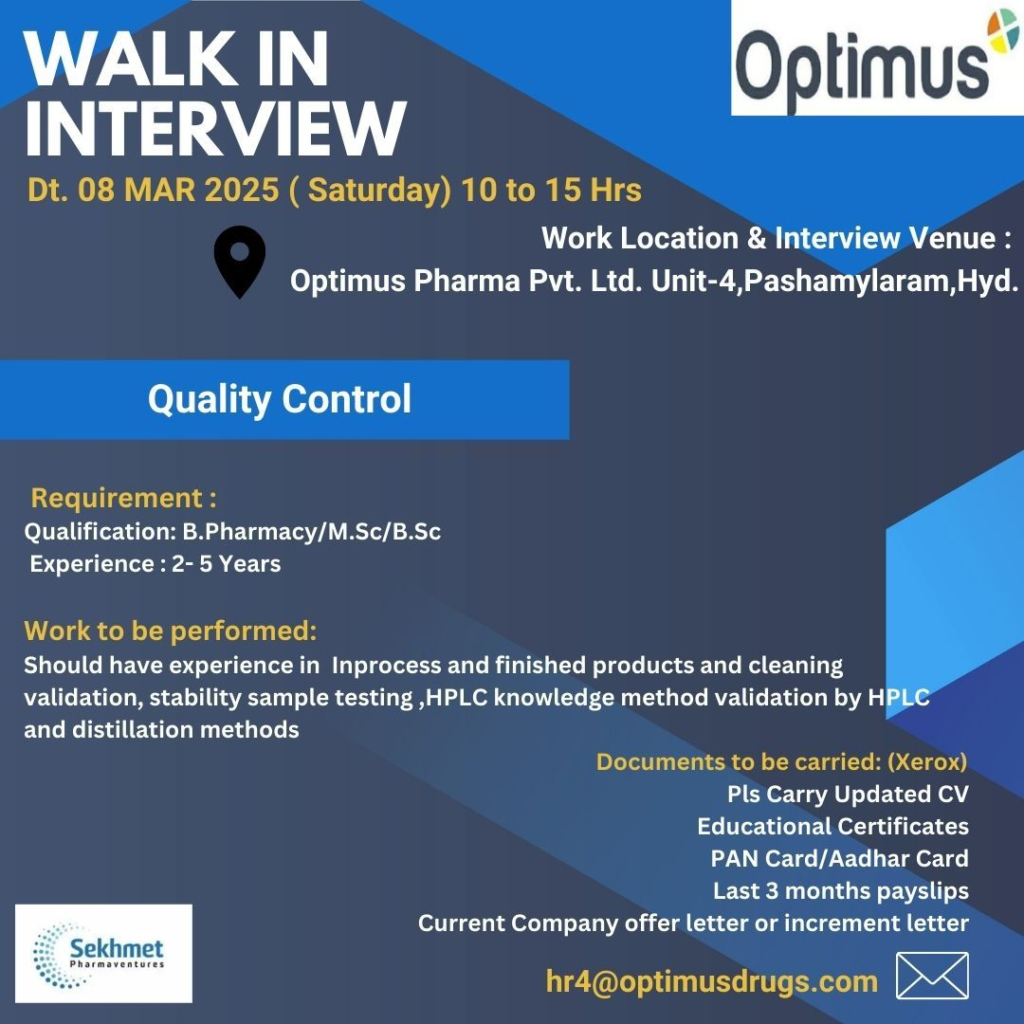 Optimus Pharma Walk-In Interview 2025 - Quality Control Opportunities in Hyderabad