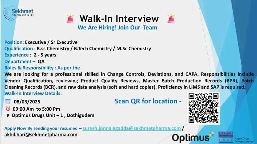 Optimus Drugs – Walk-In Drive for Quality Assurance Roles on 8th March