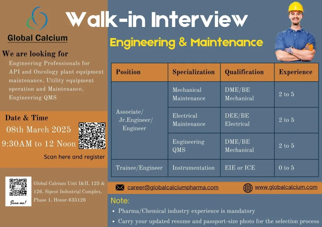 Global Calcium – Walk-In Interviews for Engineering & Maintenance Roles | March 8, 2025