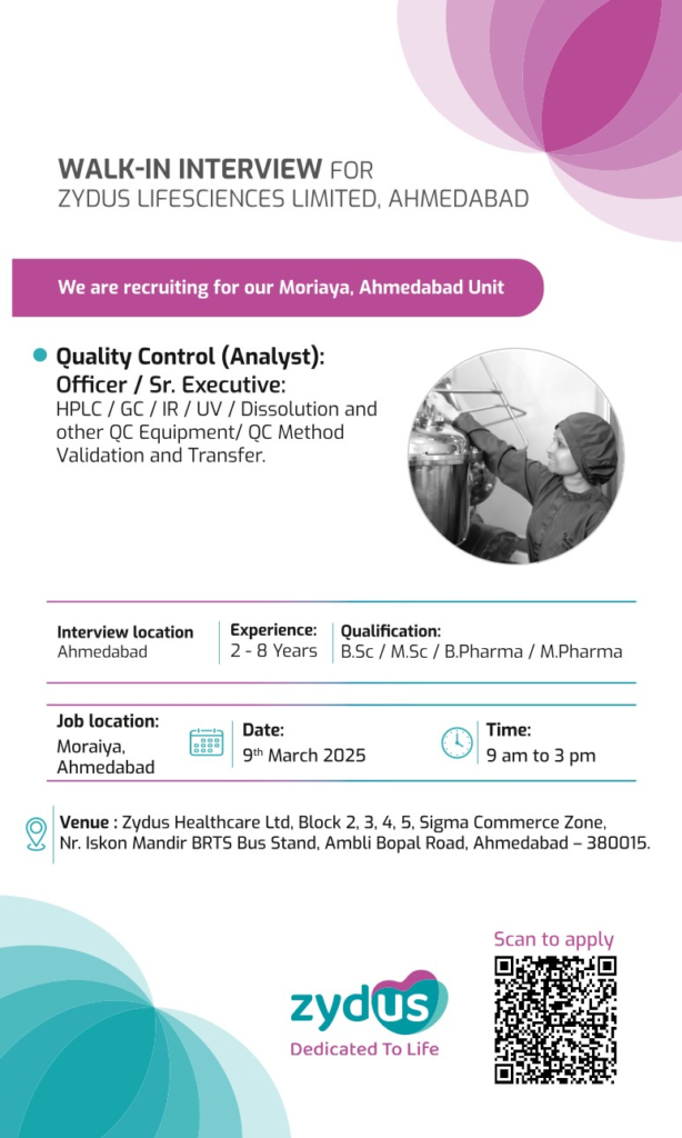 Zydus Lifesciences Limited – Walk-In Interview for Quality Control Roles