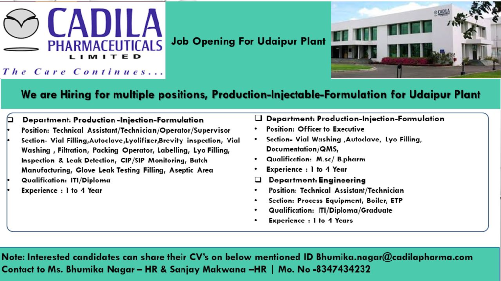 Cadila Pharmaceuticals Limited – Job Openings for Udaipur Plant