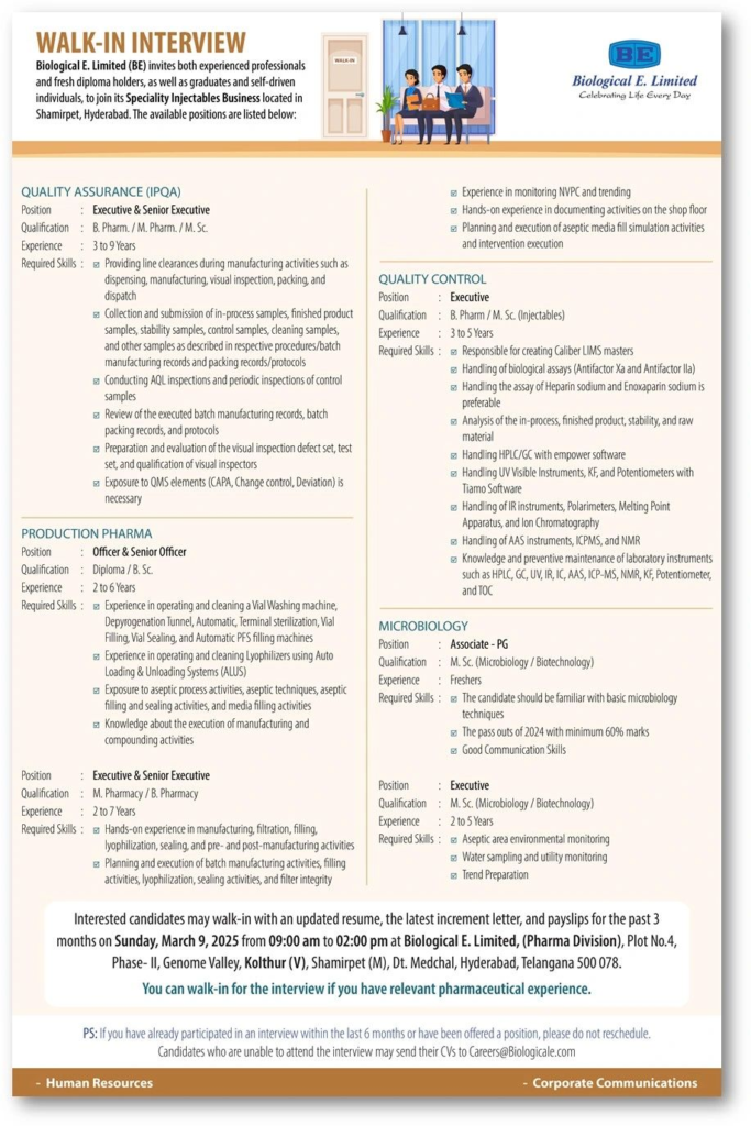 Biological E. Limited – Walk-In Interview for Speciality Injectables Roles on 9th March