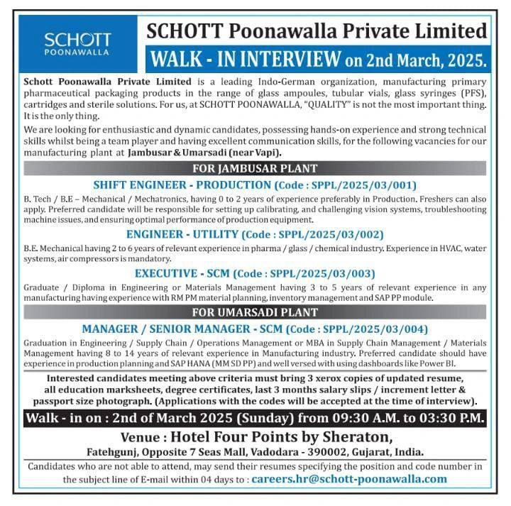 SCHOTT Poonawalla Private Limited Walk in Interview for Multiple Position