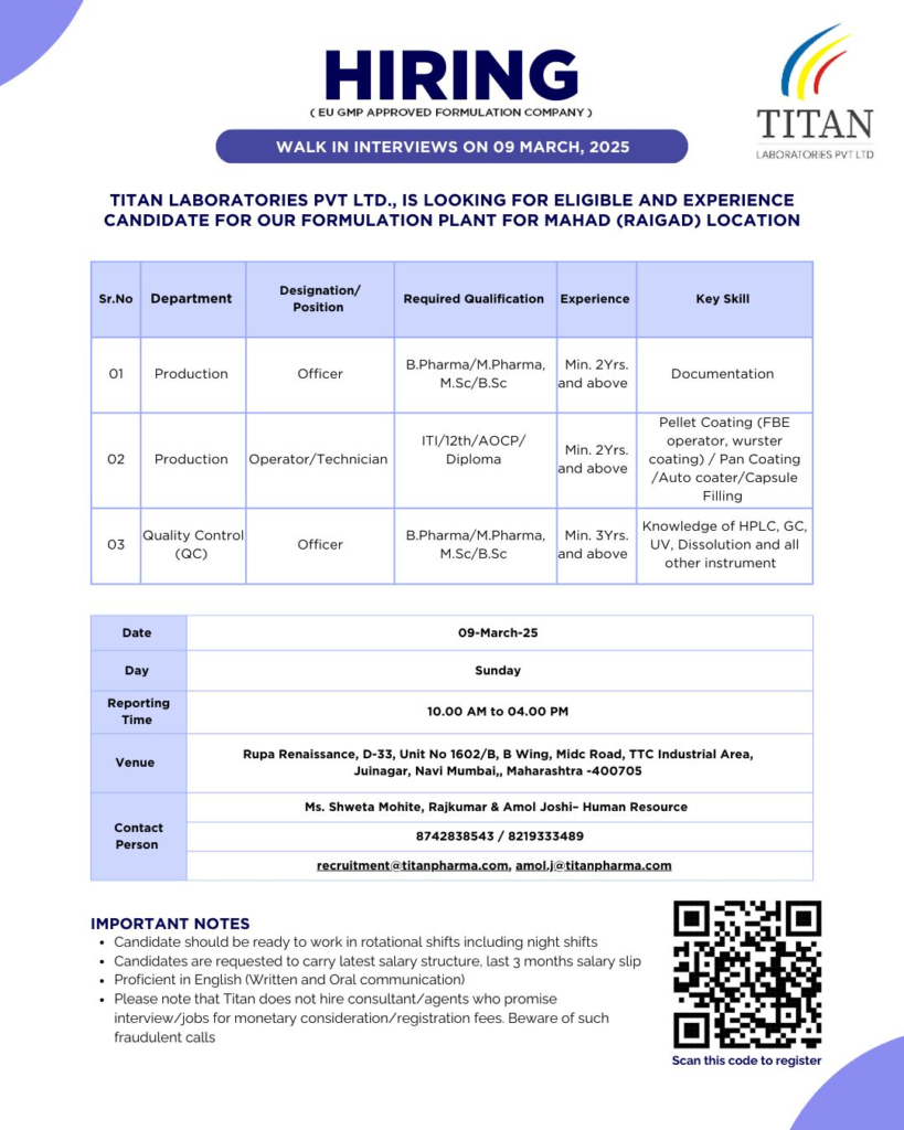 Titan Laboratories Pvt. Ltd. – Walk-In Interviews for Formulation Plant Roles