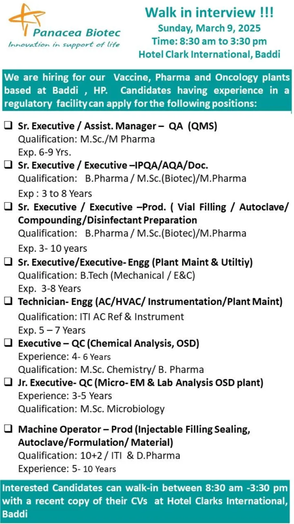 Panacea Biotec Walk-In Interviews for QA, QC and Production Department on 9th March