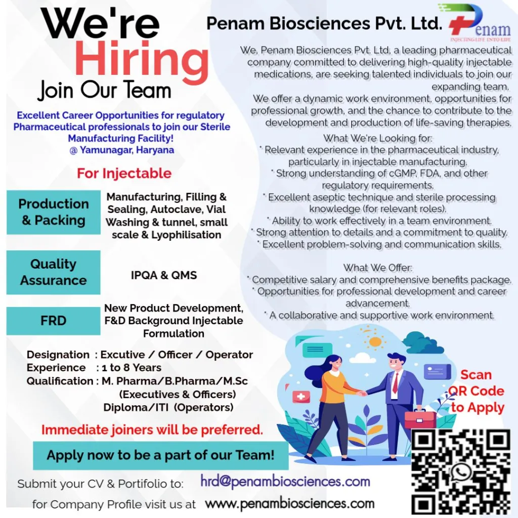 Penam Biosciences – Multiple Job Opportunities in Injectable Pharma (1-3 Years Exp)