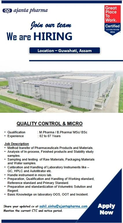 Ajanta Pharma Hiring for Quality Control & Microbiology - Guwahati, Assam
