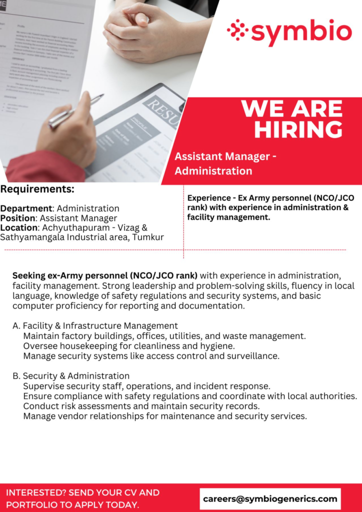 Symbio Generics Hiring Assistant Manager – Administration in Vizag & Tumkur
