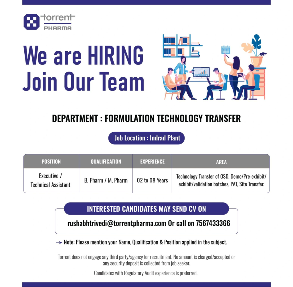 Torrent Pharma Hiring for Formulation Technology Transfer in Indrad