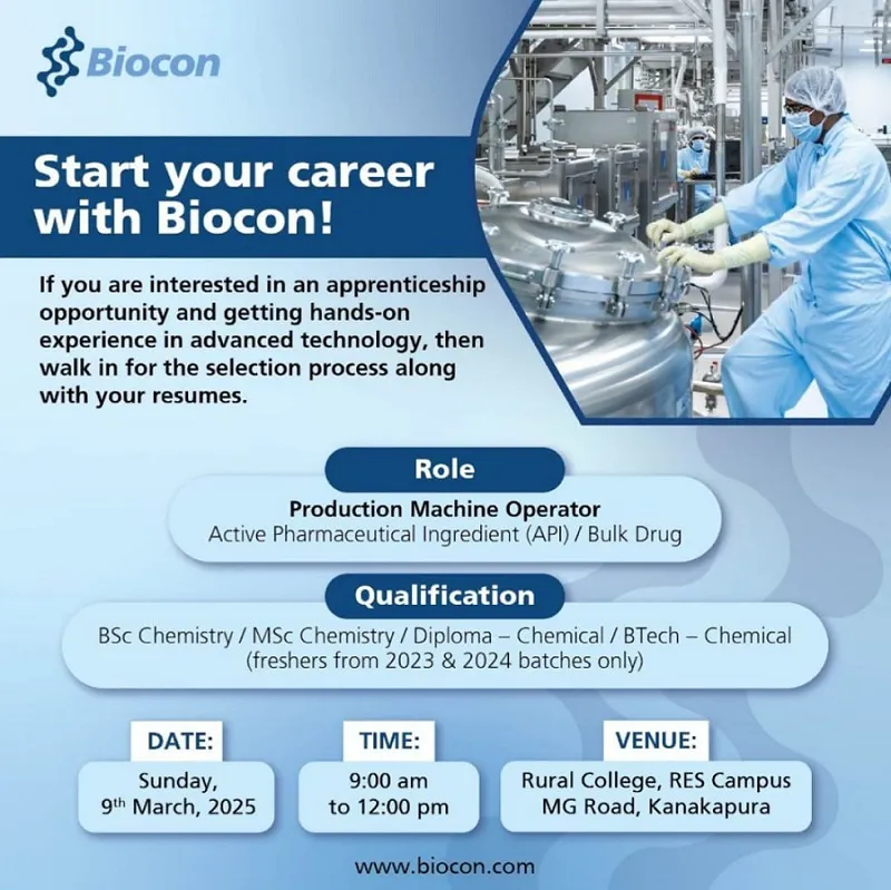 Biocon India Walk-In Interview for Freshers on 9th March 2025