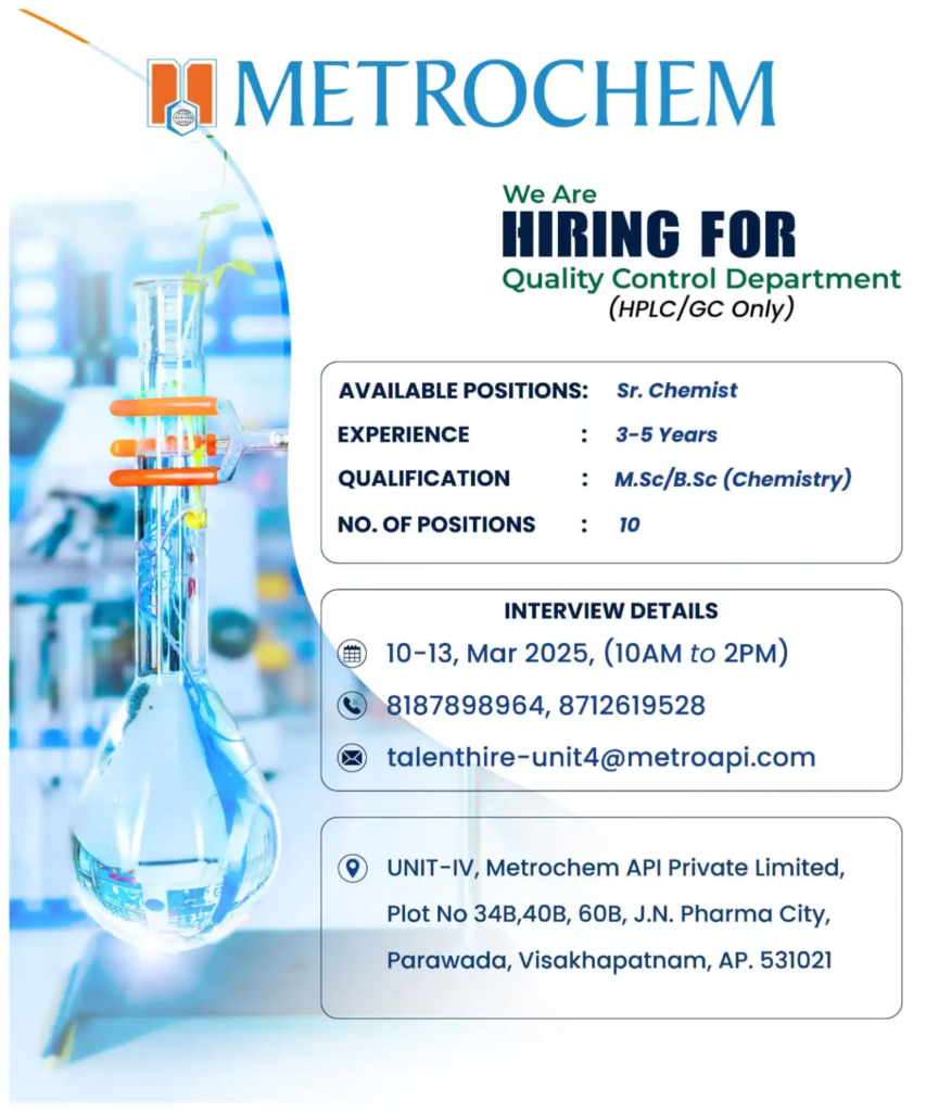 Metrochem API Pvt Ltd – Walk-In Interviews for Quality Control (10th – 13th March 2025)
