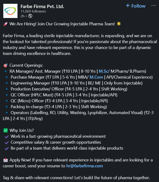 Farbe Firma – Job Openings for Production Executive / Officer / RA Manager / Assistant Manager
