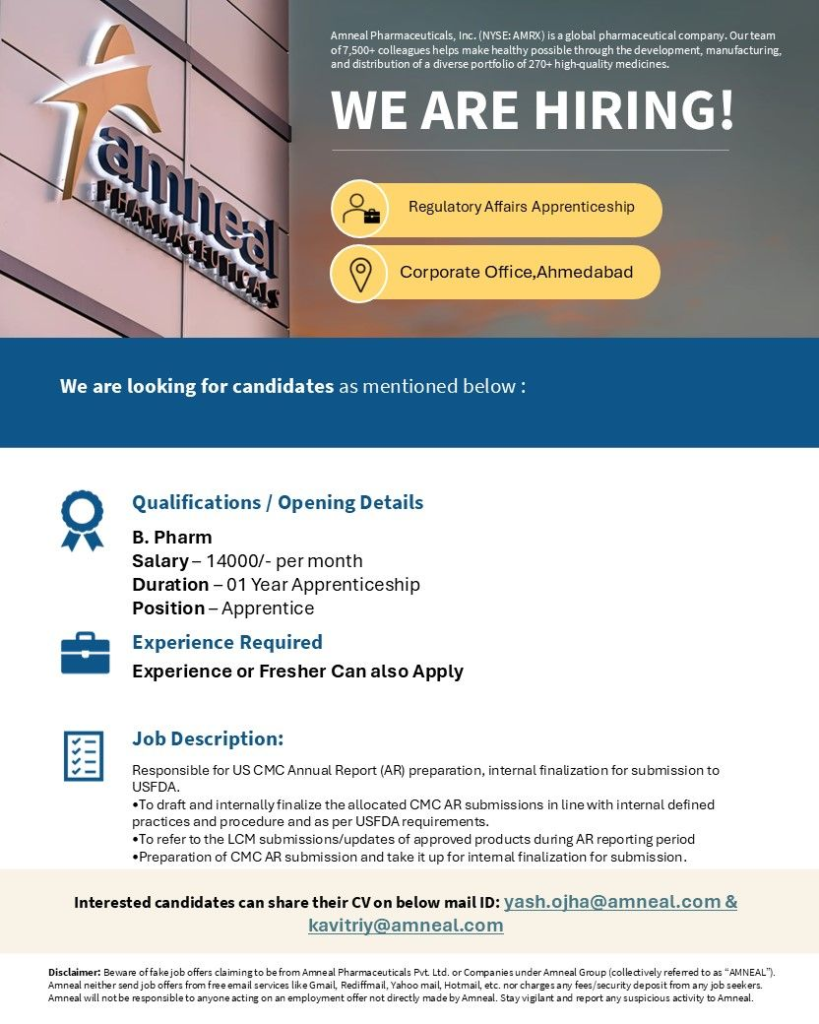 Amneal Pharmaceuticals – Hiring Regulatory Affairs Apprentices