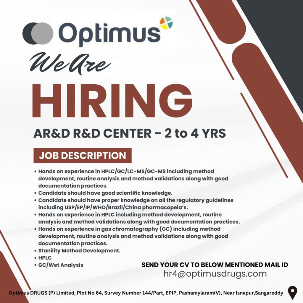 Optimus Drugs – Hiring for AR&D (R&D Center)