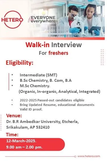 Hetero Mega Walk-In Drive for Freshers on March 12, 2025, in Srikakulam