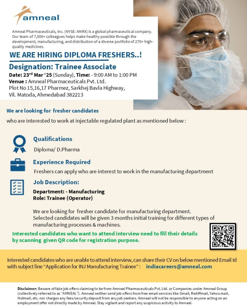 Amneal Pharmaceuticals Hiring for Trainee Associate for Injectable Manufacturing
