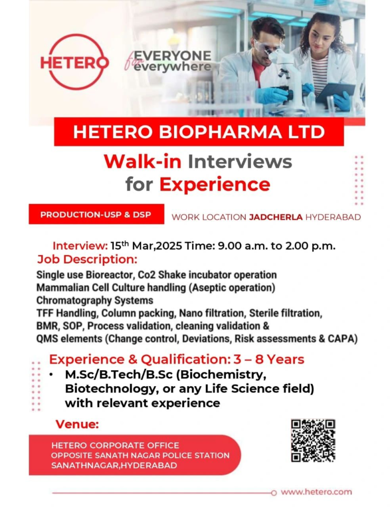 Hetero Biopharma Ltd Walk-In Interviews for Experienced Roles in Production