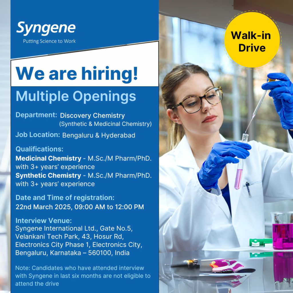 Syngene Walk-In Drive for Discovery Chemistry Roles in Bengaluru & Hyderabad