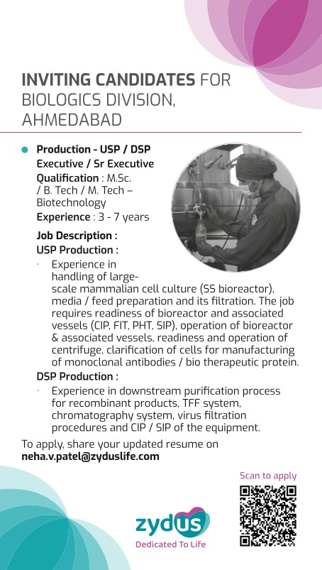 Zydus Biologics Division Hiring for Production Roles in Ahmedabad