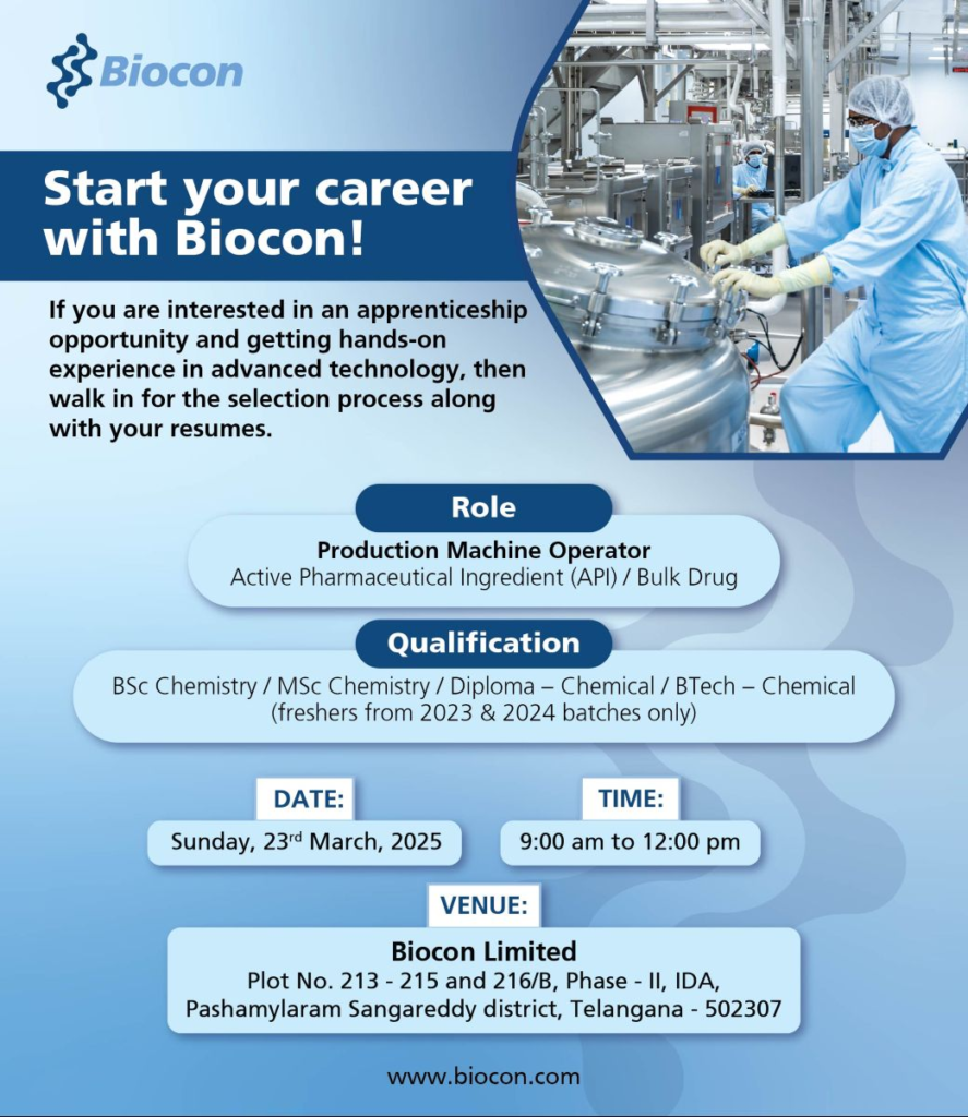 Biocon Walk-In Drive for Apprenticeship on 23rd March