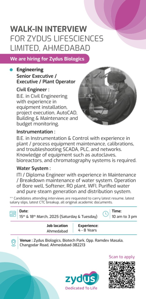 Zydus Lifesciences Limited Walk-In Interview Senior Executive / Executive - Plant Operator on 15th -18th March