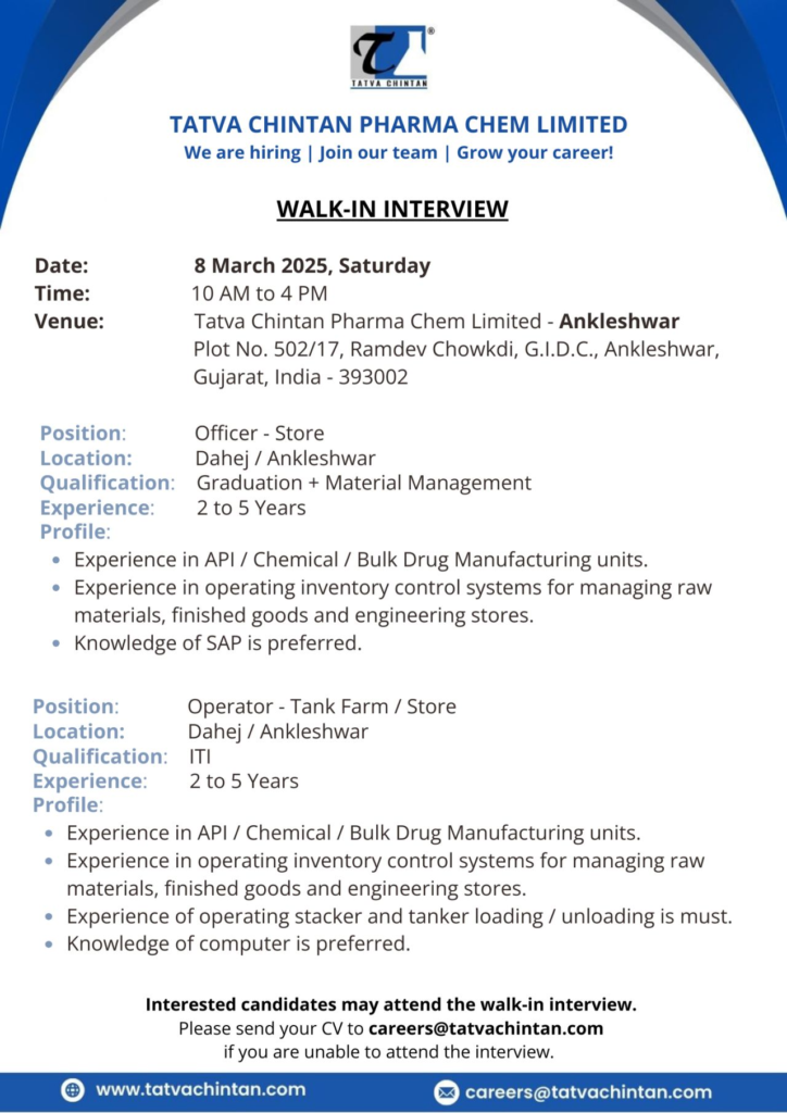 Tatva Chintan Pharma Chem Ltd Walk in interview Ankleshwar