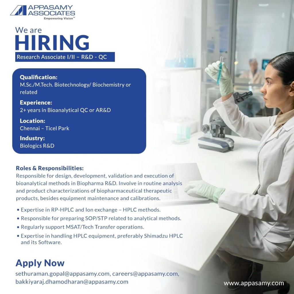 Appasamy Associates Hiring for Research Associate Openings in Chennai