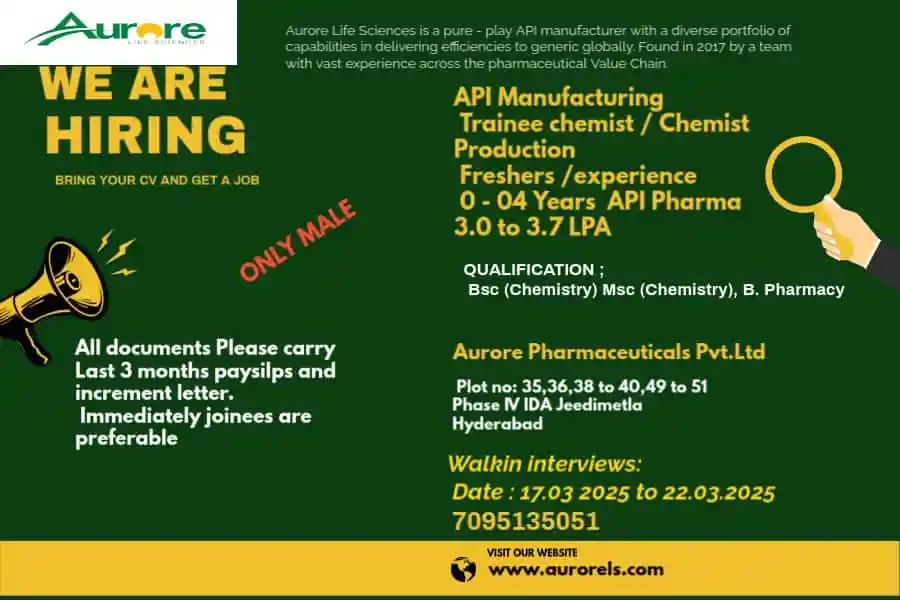 Aurore Life Sciences – Walk-In Drive for Freshers & Experienced Professionals