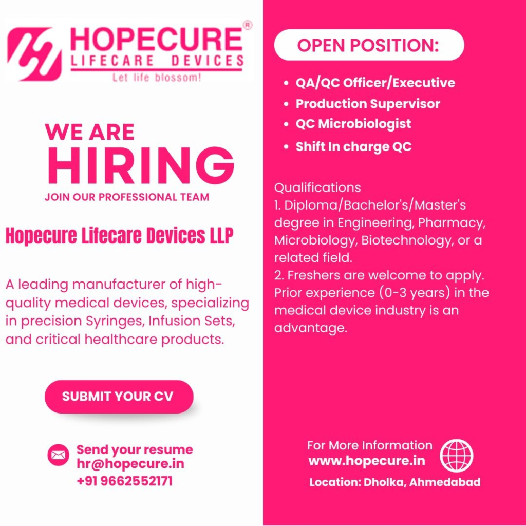 Hopecure Lifecare Devices Hiring Freshers for QA /QC Officer in Dholka, Ahmedabad