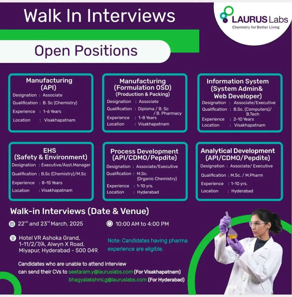 Laurus Labs Walk-in Interviews in Visakhapatnam and Hyderabad!
