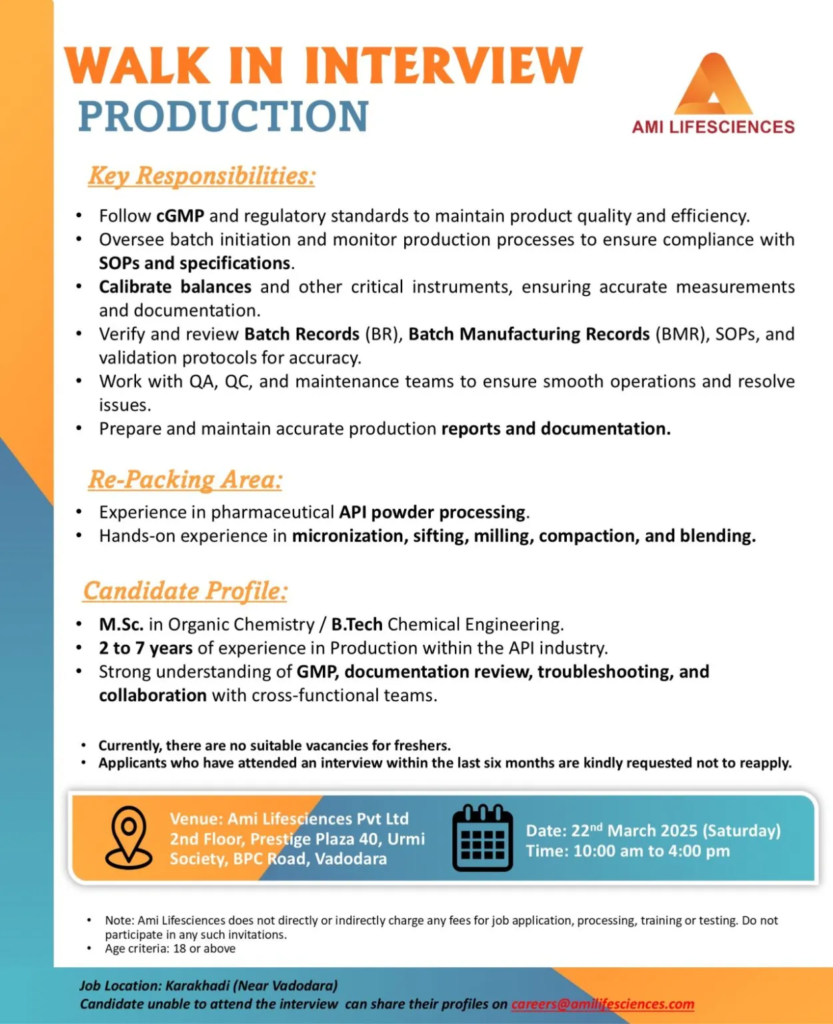 Ami Lifesciences Walk-in Interviews for API Manufacturing Roles in Vadodara