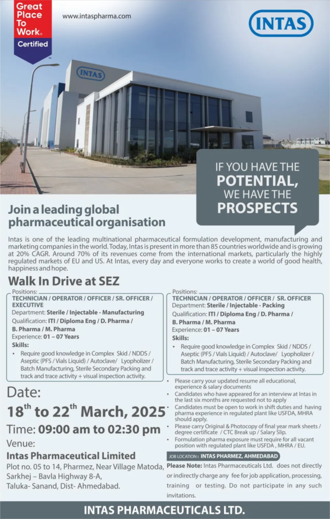 Intas Pharmaceuticals Walk-in Drive for Technician / Operator / Officer / Sr. Officer / Executive in Ahmedabad