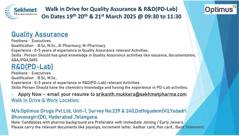 Optimus Drugs – Walk-In Interview for QA and R&D Roles