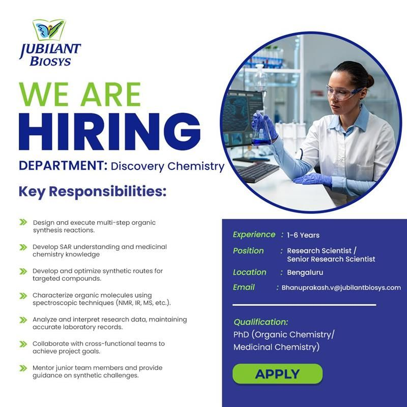 Jubilant Biosys – Hiring Research Scientists for Discovery Chemistry in Bengaluru