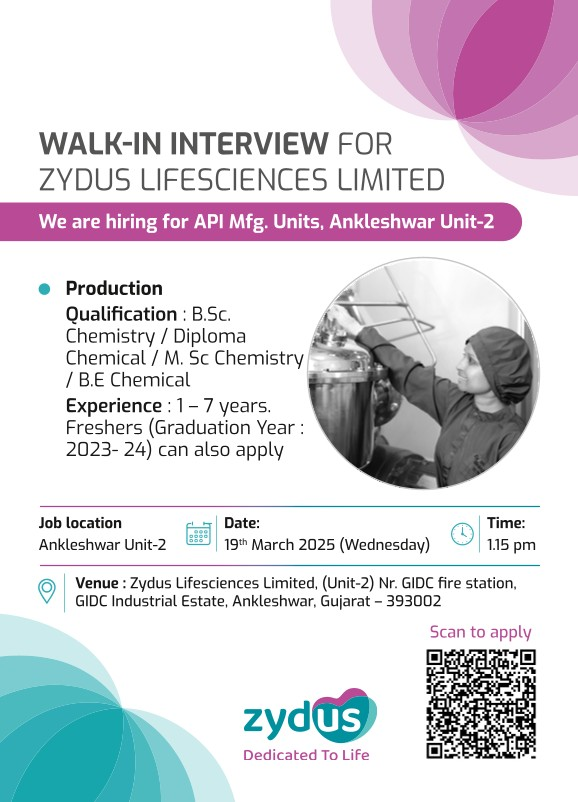 Zydus Lifesciences – Walk-In Interview for Production Roles at Ankleshwar Unit-2 on March 19, 2025