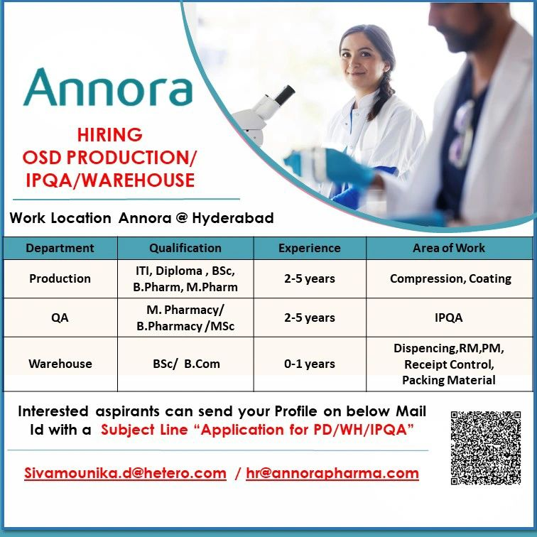Annora – Hiring for OSD Production, IPQA, and Warehouse Roles in Hyderabad