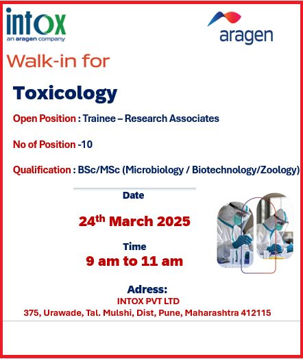 INTOX (An Aragen Company) – Walk-In Interview for Trainee Research Associates on March 24, 2025