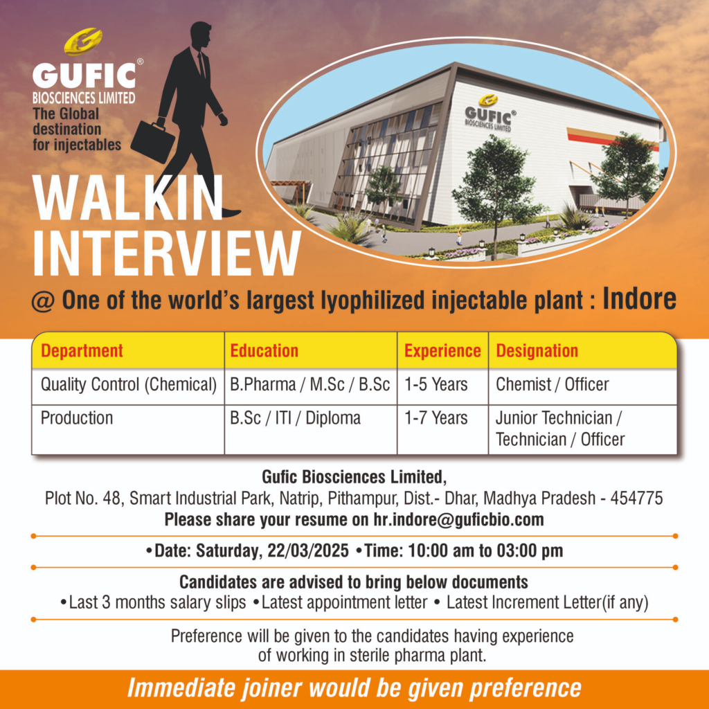 Gufic Biosciences Limited – Walk-In Interview for Quality Control and Production Roles on March 22, 2025