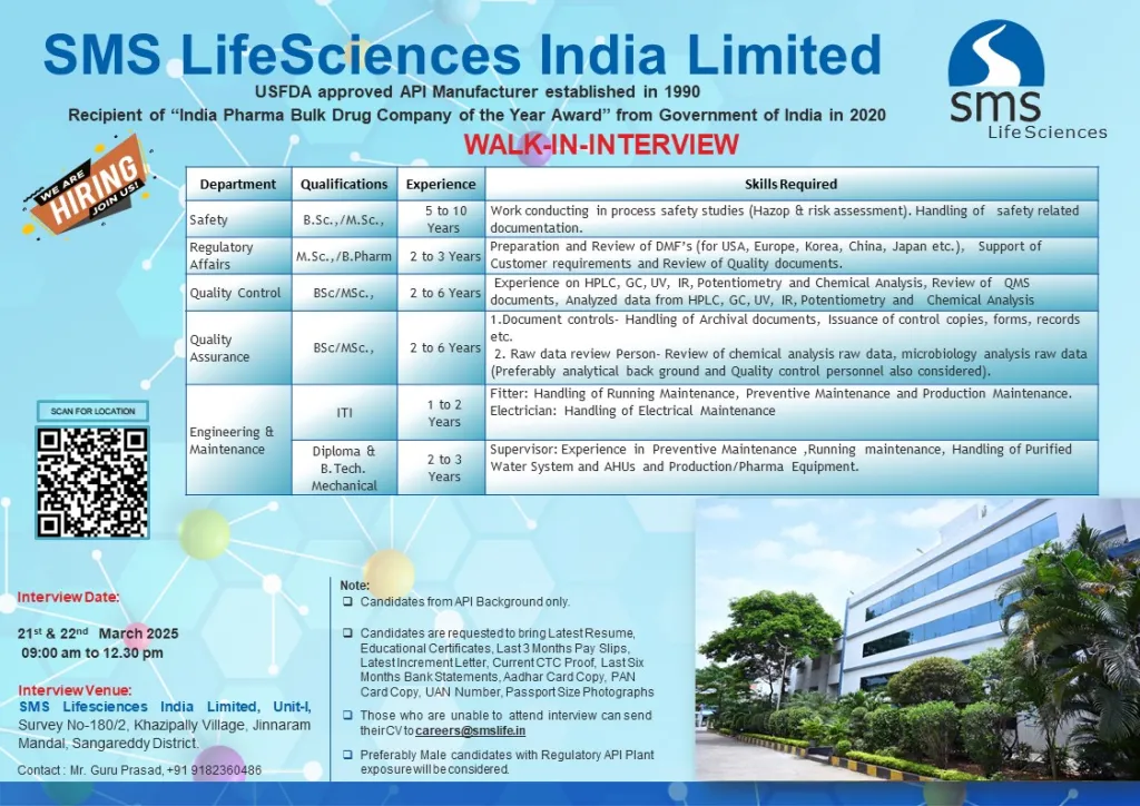 SMS Lifesciences India Ltd. - Walk-In Drive for Quality Assurance, Quality Control, Regulatory Affairs, Safety, Engineering & Maintenance