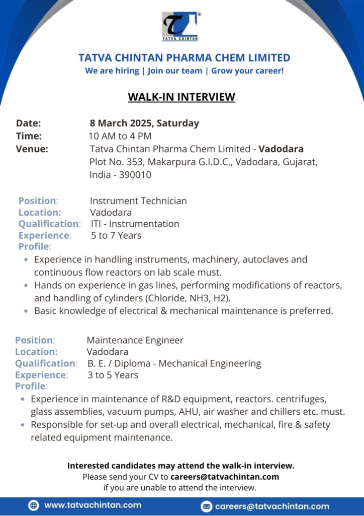 Tatva Chintan Pharma Chem Ltd Walk in interview vadodara