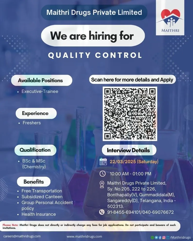 Maithri Drugs Pvt. Ltd. - Walk-In16 Walk-In Interviews for Freshers on March 22, 2025