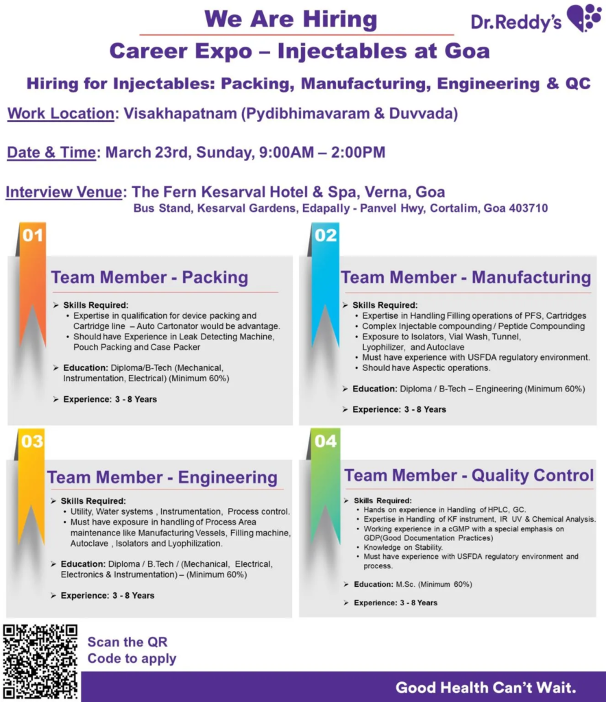 Dr. Reddy’s Laboratories - Walk-In Interviews for Manufacturing, Packing, Quality Control, and Engineering