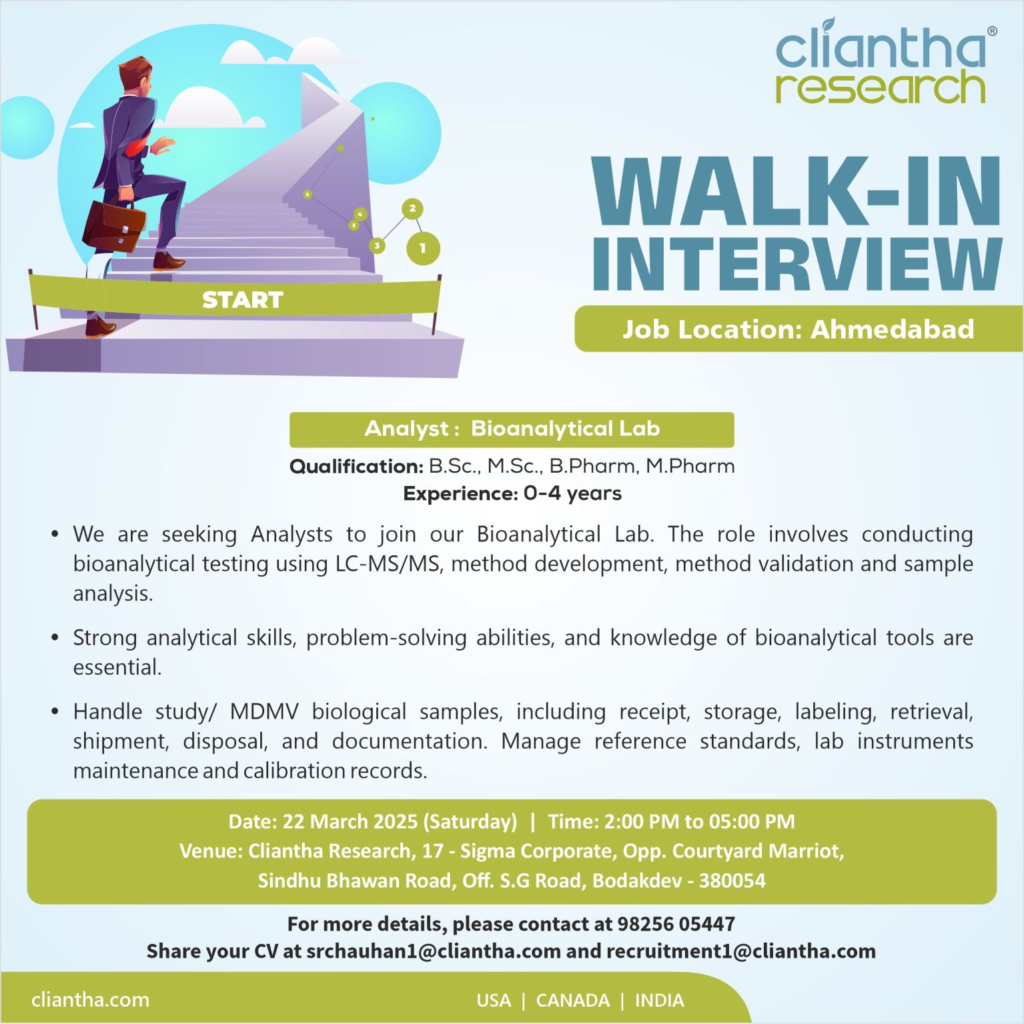 Cliantha Research - Walk-In Interview for Analysts in Bioanalytical Lab