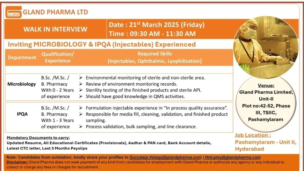 Gland Pharma Ltd – Walk-In Interviews for Microbiology and IPQA Roles on 21st March