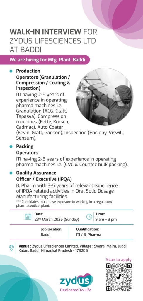 Zydus Lifesciences Ltd – Walk-In Interviews for Production, Packing, and QA Roles